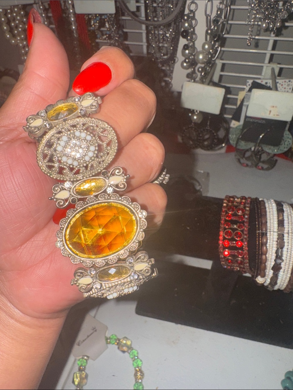 Vintage-Inspired Orange Statement Bracelet with Gem Accents - Picture 2 of 2